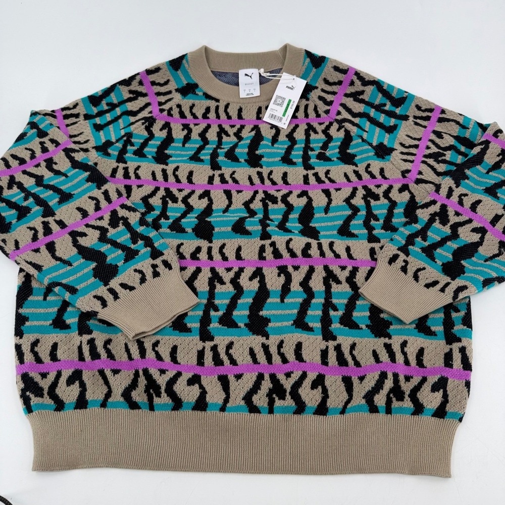 Puma Select Knit Crew Sweater Mens Large Ice Coffee AOP Geometric 632499 55 NEW